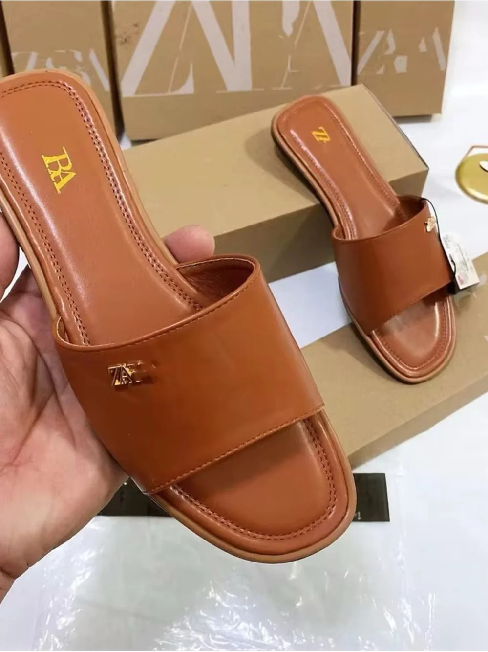Zara White Slide Sandals with Gold Logo Pin - Picture 3 of 11